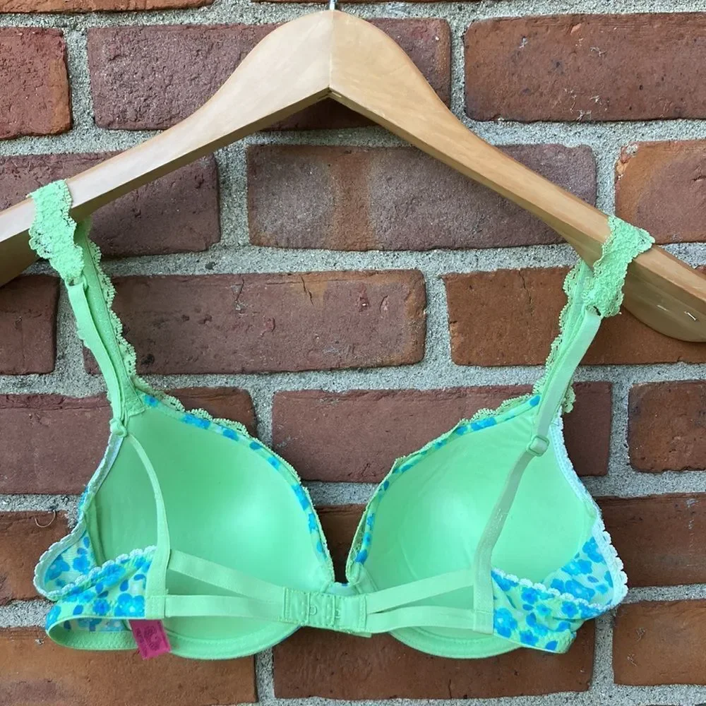 Floral Lace Trim Push-up Bra - Green and Blue
